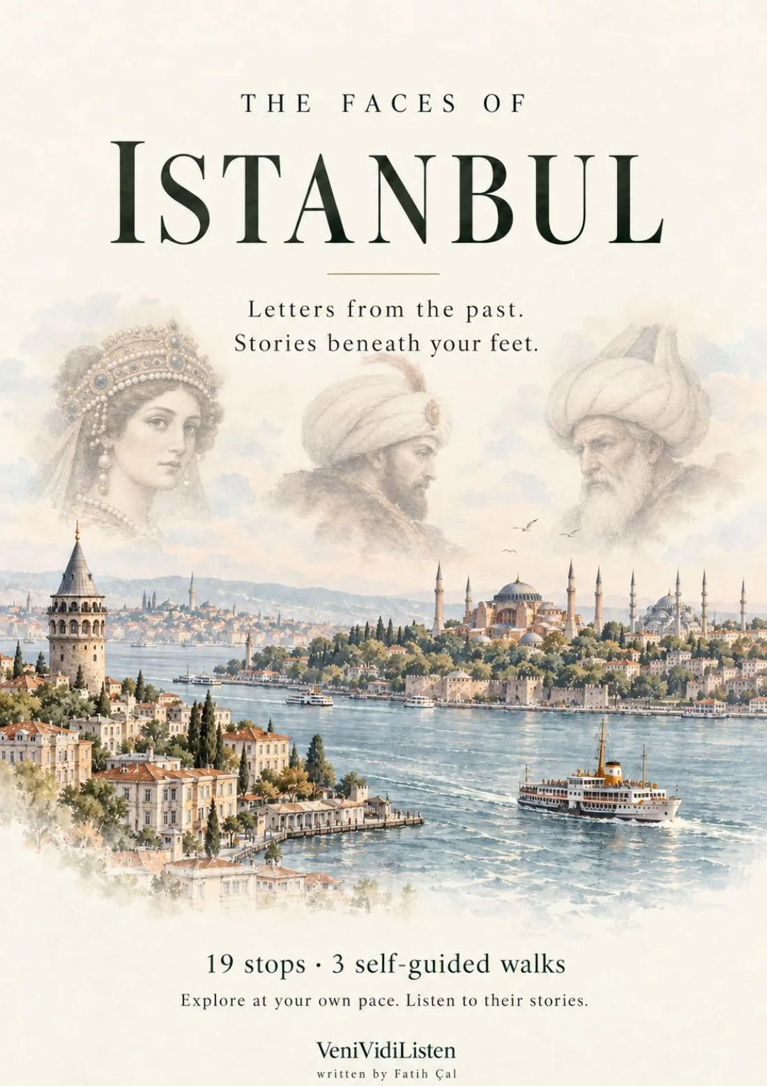Cover of The Faces of Istanbul: three portraits drawn over a watercolour view of the Golden Horn