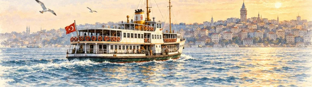 Watercolour of a Bosphorus ferry with the old city behind